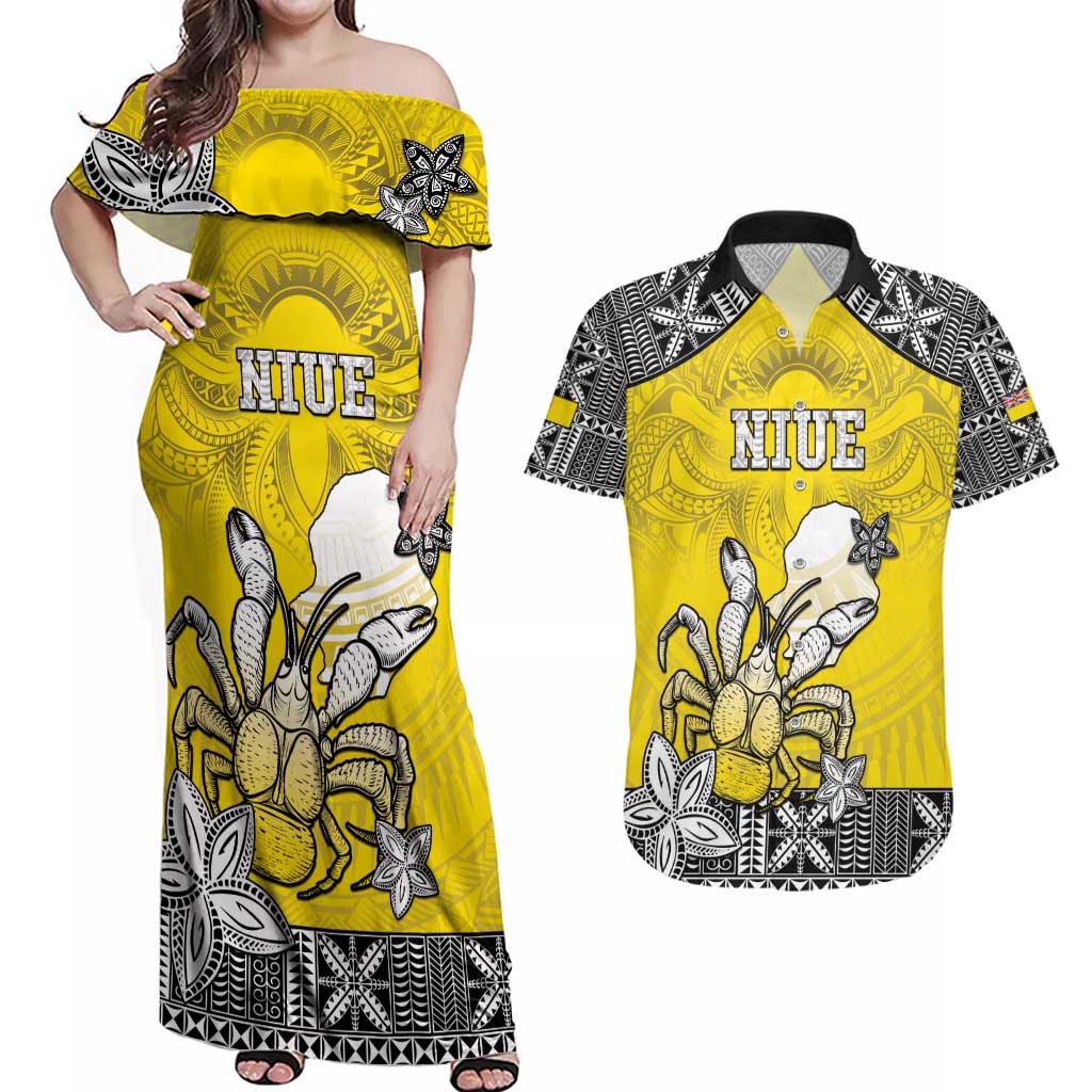 Personalised Happy Niue Constitution Day Couples Matching Off Shoulder Maxi Dress and Hawaiian Shirt Niuean Crab Hiapo Pattern Yellow Version LT05 Yellow - Polynesian Pride