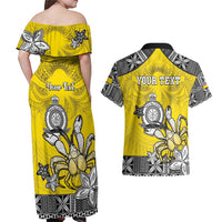 Personalised Happy Niue Constitution Day Couples Matching Off Shoulder Maxi Dress and Hawaiian Shirt Niuean Crab Hiapo Pattern Yellow Version LT05 - Polynesian Pride