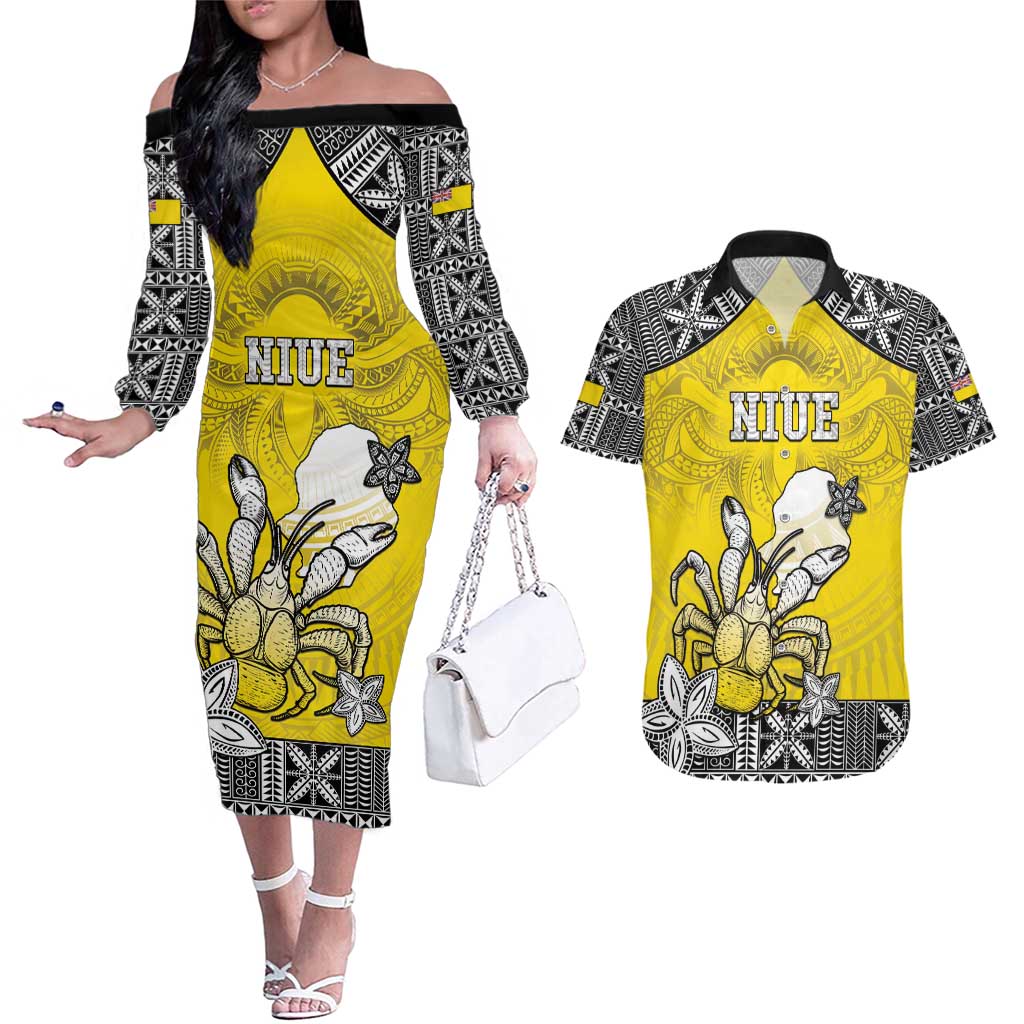 Personalised Happy Niue Constitution Day Couples Matching Off The Shoulder Long Sleeve Dress and Hawaiian Shirt Niuean Crab Hiapo Pattern Yellow Version