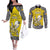 Personalised Happy Niue Constitution Day Couples Matching Off The Shoulder Long Sleeve Dress and Long Sleeve Button Shirt Niuean Crab Hiapo Pattern Yellow Version