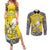 Personalised Happy Niue Constitution Day Couples Matching Summer Maxi Dress and Long Sleeve Button Shirt Niuean Crab Hiapo Pattern Yellow Version