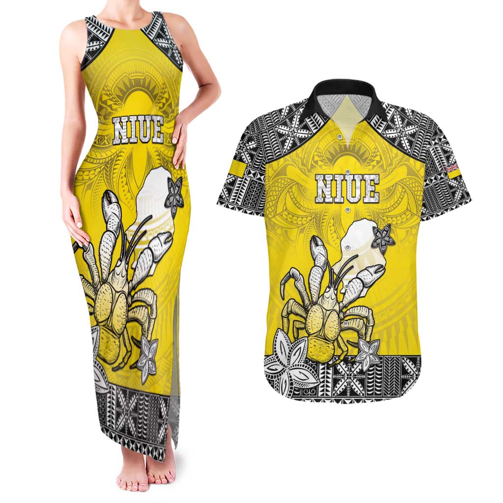 Personalised Happy Niue Constitution Day Couples Matching Tank Maxi Dress and Hawaiian Shirt Niuean Crab Hiapo Pattern Yellow Version