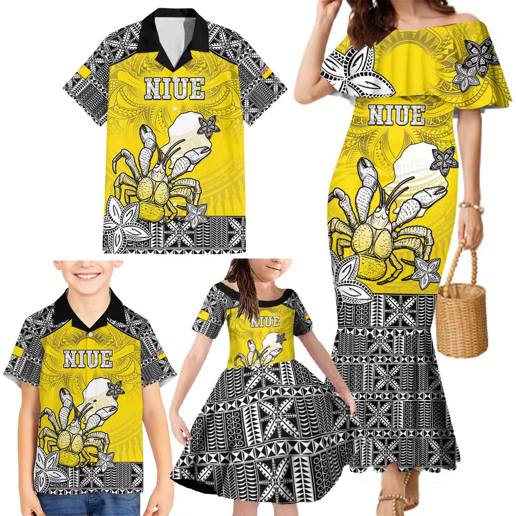 Personalised Happy Niue Constitution Day Family Matching Mermaid Dress and Hawaiian Shirt Niuean Crab Hiapo Pattern Yellow Version