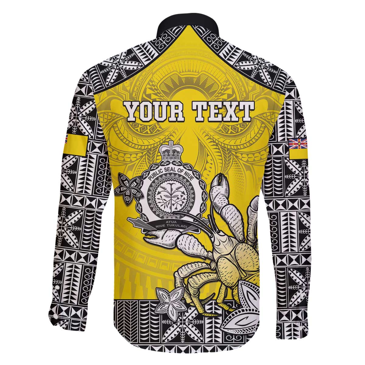 Personalised Happy Niue Constitution Day Family Matching Off The Shoulder Long Sleeve Dress and Hawaiian Shirt Niuean Crab Hiapo Pattern Yellow Version
