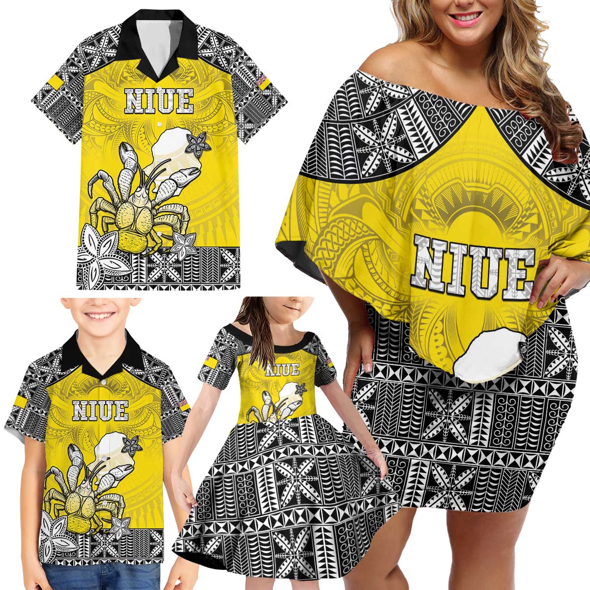 Personalised Happy Niue Constitution Day Family Matching Off Shoulder Short Dress and Hawaiian Shirt Niuean Crab Hiapo Pattern Yellow Version