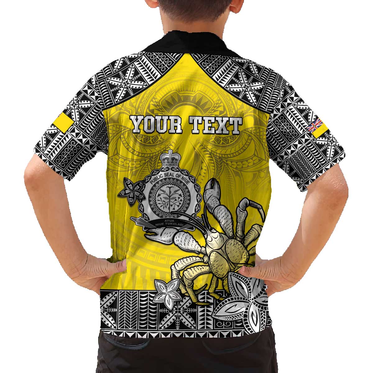 Personalised Happy Niue Constitution Day Family Matching Puletasi and Hawaiian Shirt Niuean Crab Hiapo Pattern Yellow Version LT05 - Polynesian Pride