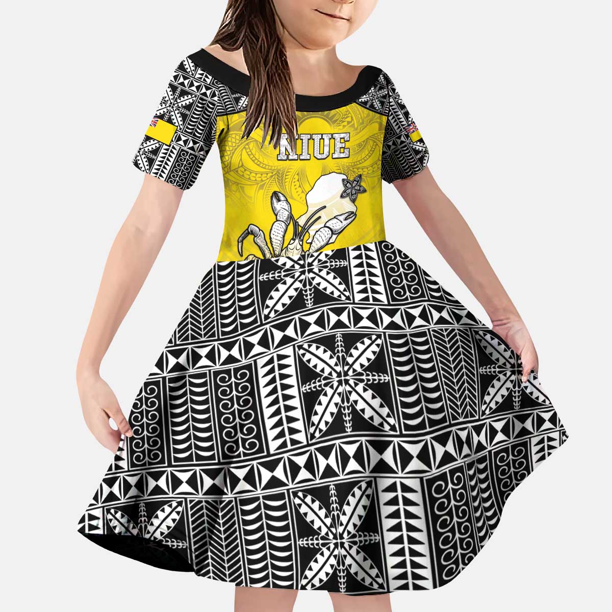 Personalised Happy Niue Constitution Day Family Matching Puletasi and Hawaiian Shirt Niuean Crab Hiapo Pattern Yellow Version LT05 Daughter's Dress Yellow - Polynesian Pride