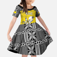 Personalised Happy Niue Constitution Day Family Matching Puletasi and Hawaiian Shirt Niuean Crab Hiapo Pattern Yellow Version LT05 Daughter's Dress Yellow - Polynesian Pride
