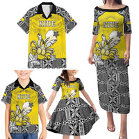 Personalised Happy Niue Constitution Day Family Matching Puletasi and Hawaiian Shirt Niuean Crab Hiapo Pattern Yellow Version LT05 - Polynesian Pride