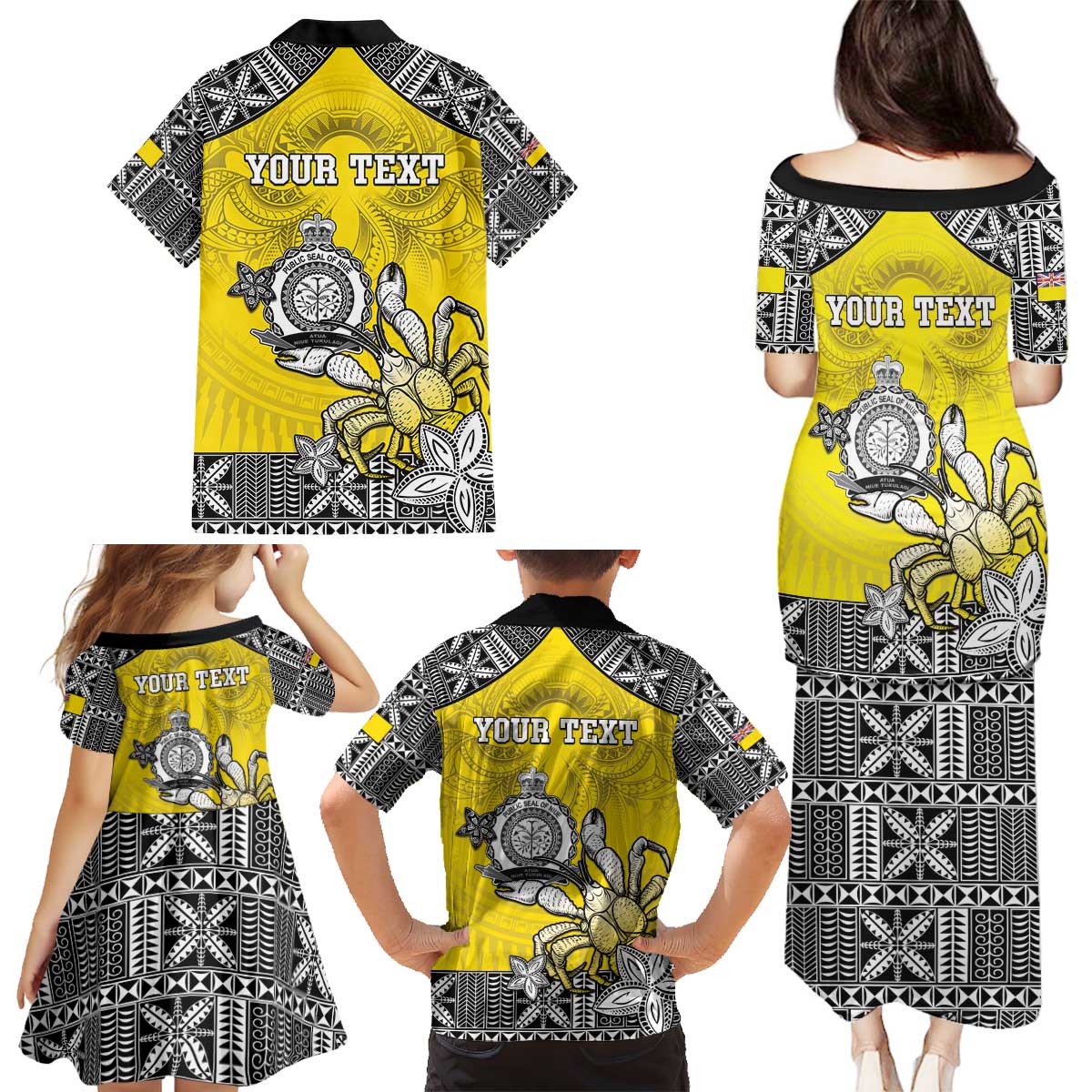 Personalised Happy Niue Constitution Day Family Matching Puletasi and Hawaiian Shirt Niuean Crab Hiapo Pattern Yellow Version LT05 - Polynesian Pride