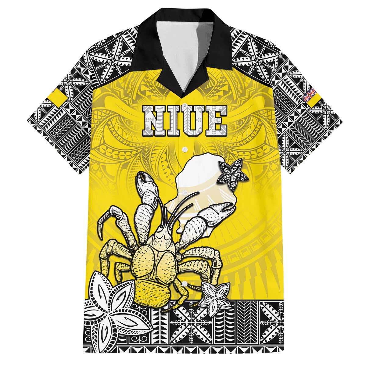 Personalised Happy Niue Constitution Day Family Matching Puletasi and Hawaiian Shirt Niuean Crab Hiapo Pattern Yellow Version LT05 Dad's Shirt - Short Sleeve Yellow - Polynesian Pride