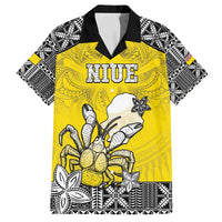 Personalised Happy Niue Constitution Day Family Matching Puletasi and Hawaiian Shirt Niuean Crab Hiapo Pattern Yellow Version LT05 Dad's Shirt - Short Sleeve Yellow - Polynesian Pride