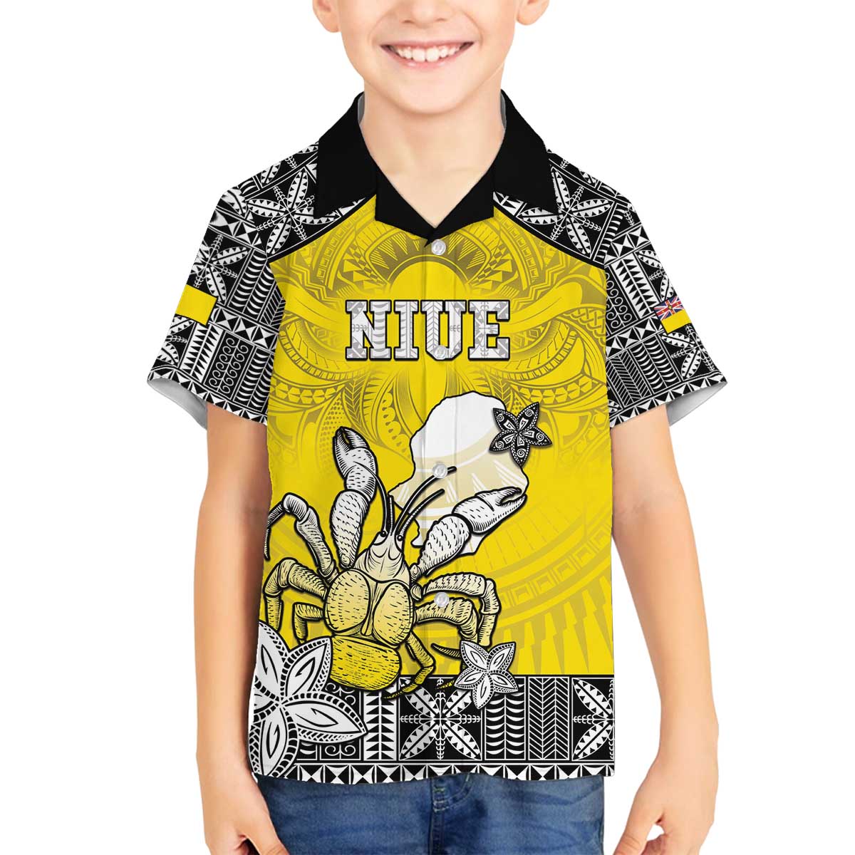 Personalised Happy Niue Constitution Day Family Matching Puletasi and Hawaiian Shirt Niuean Crab Hiapo Pattern Yellow Version LT05 Son's Shirt Yellow - Polynesian Pride