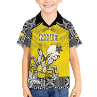 Personalised Happy Niue Constitution Day Family Matching Short Sleeve Bodycon Dress and Hawaiian Shirt Niuean Crab Hiapo Pattern Yellow Version