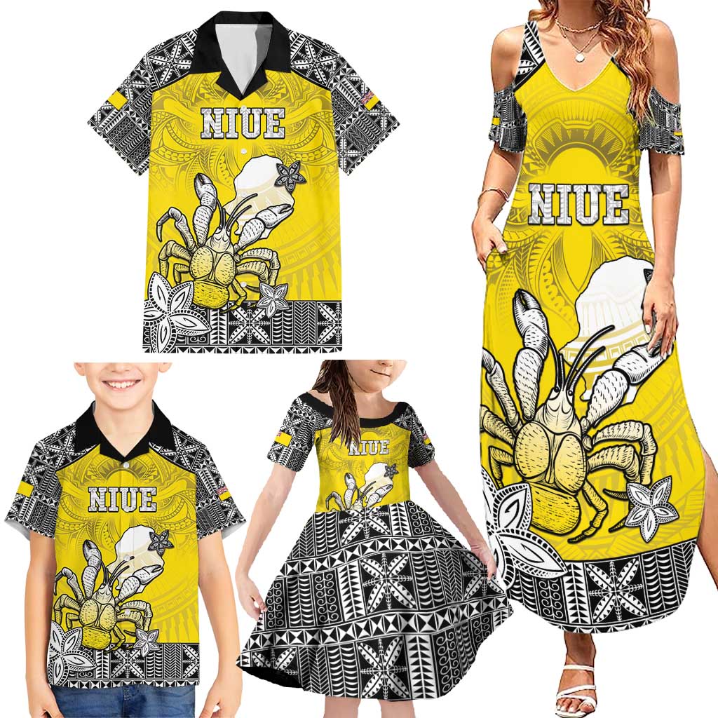 Personalised Happy Niue Constitution Day Family Matching Summer Maxi Dress and Hawaiian Shirt Niuean Crab Hiapo Pattern Yellow Version