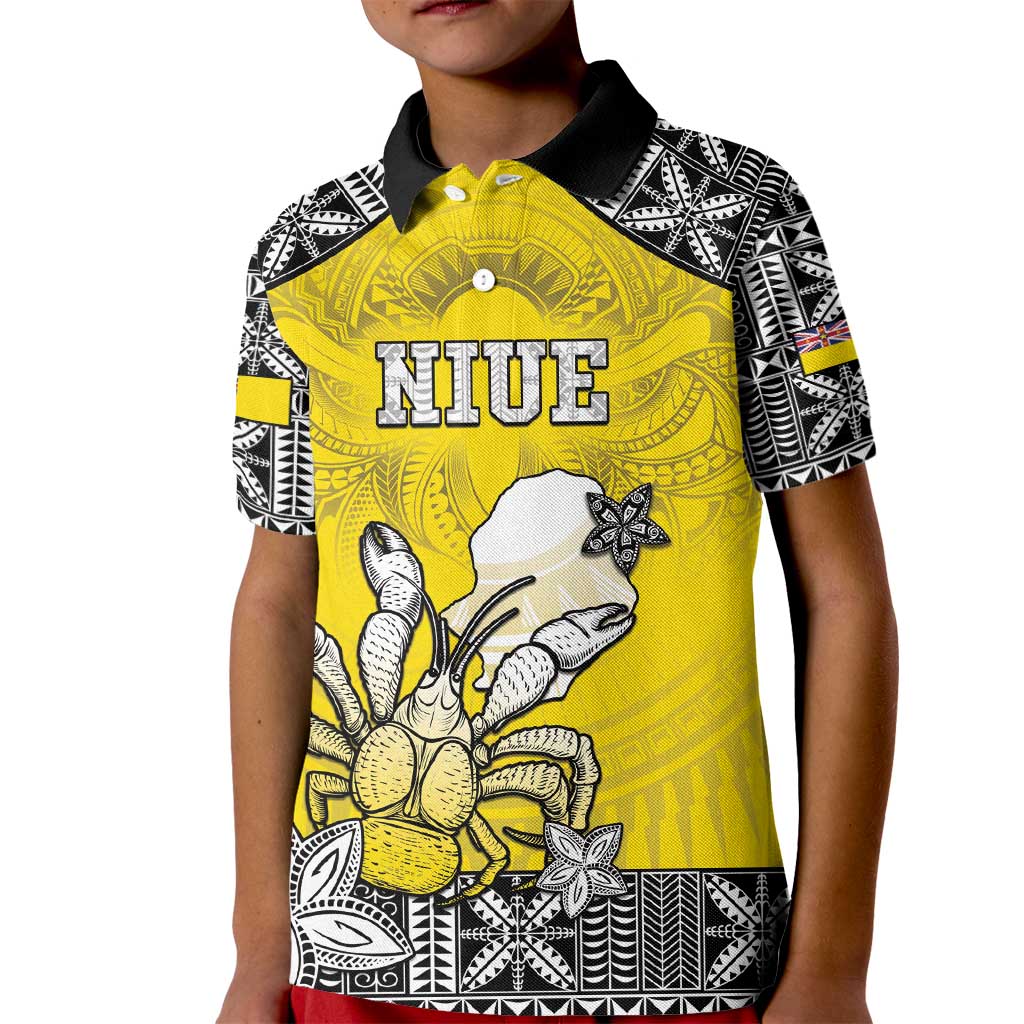 Personalised Happy Niue Constitution Day Kid Polo Shirt Niuean Crab Hiapo Pattern Yellow Version LT05 Kid Yellow - Polynesian Pride