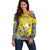 Personalised Happy Niue Constitution Day Off Shoulder Sweater Niuean Crab Hiapo Pattern Yellow Version