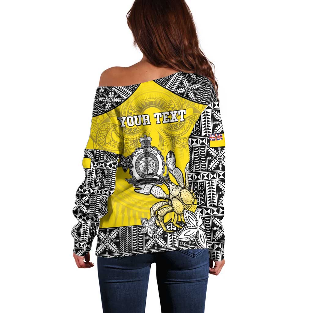 Personalised Happy Niue Constitution Day Off Shoulder Sweater Niuean Crab Hiapo Pattern Yellow Version