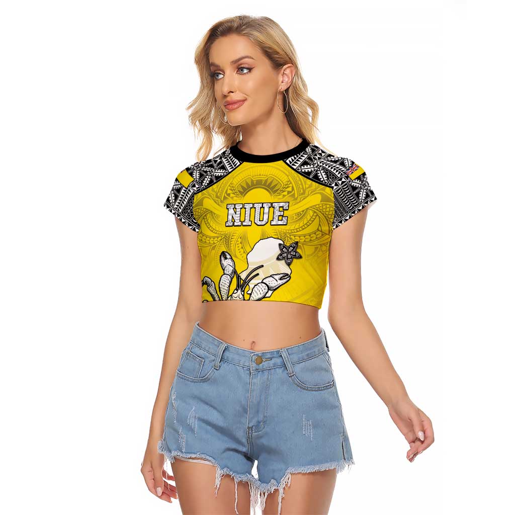 Personalised Happy Niue Constitution Day Raglan Cropped T Shirt Niuean Crab Hiapo Pattern Yellow Version LT05 Female Yellow - Polynesian Pride