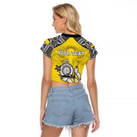Personalised Happy Niue Constitution Day Raglan Cropped T Shirt Niuean Crab Hiapo Pattern Yellow Version LT05 - Polynesian Pride
