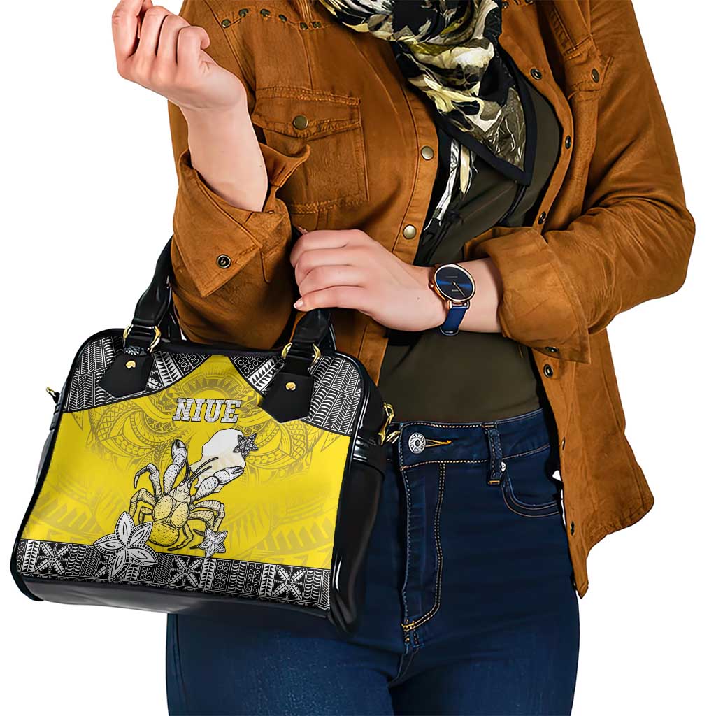 Happy Niue Constitution Day Shoulder Handbag Niuean Crab Hiapo Pattern Yellow Version LT05 - Polynesian Pride