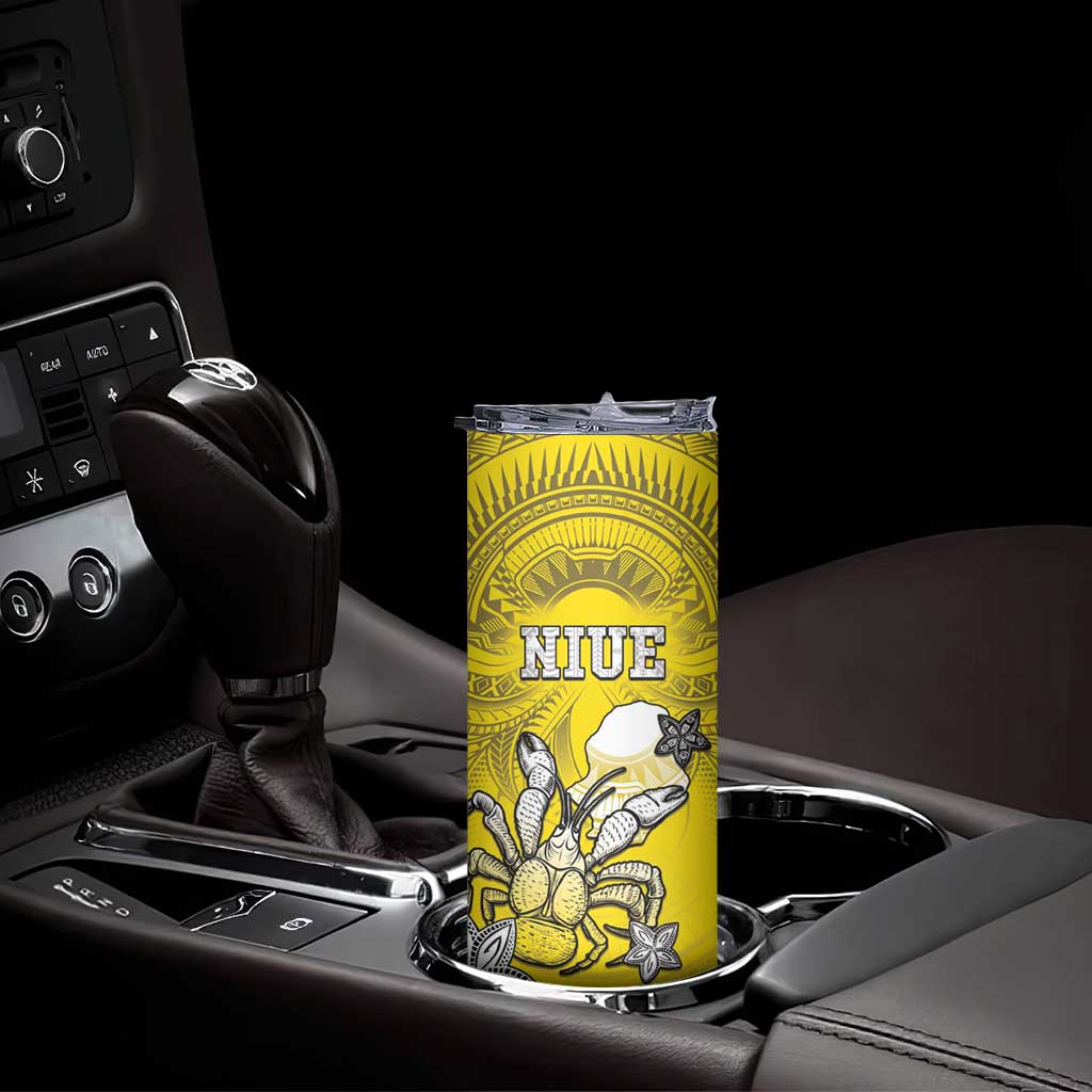 Personalised Happy Niue Constitution Day Skinny Tumbler Niuean Crab Hiapo Pattern Yellow Version
