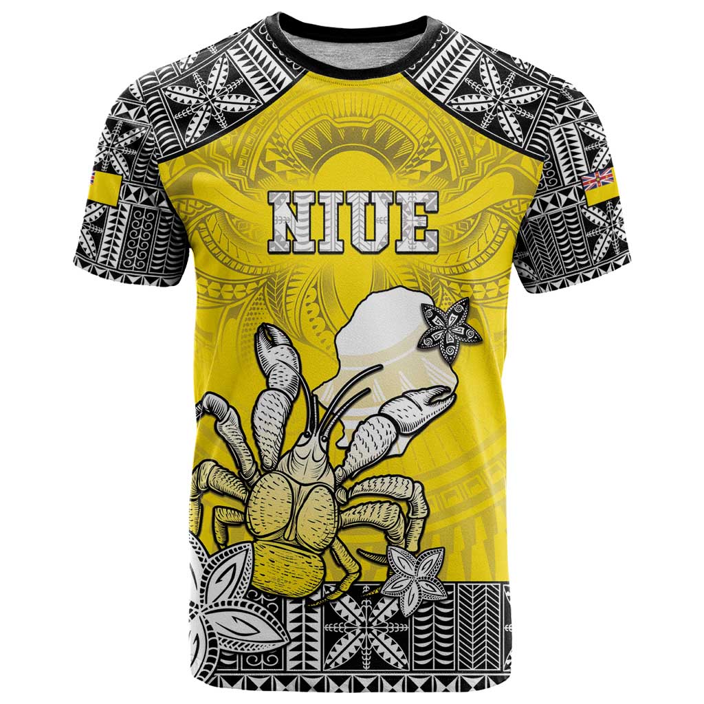Personalised Happy Niue Constitution Day T Shirt Niuean Crab Hiapo Pattern Yellow Version LT05 Yellow - Polynesian Pride