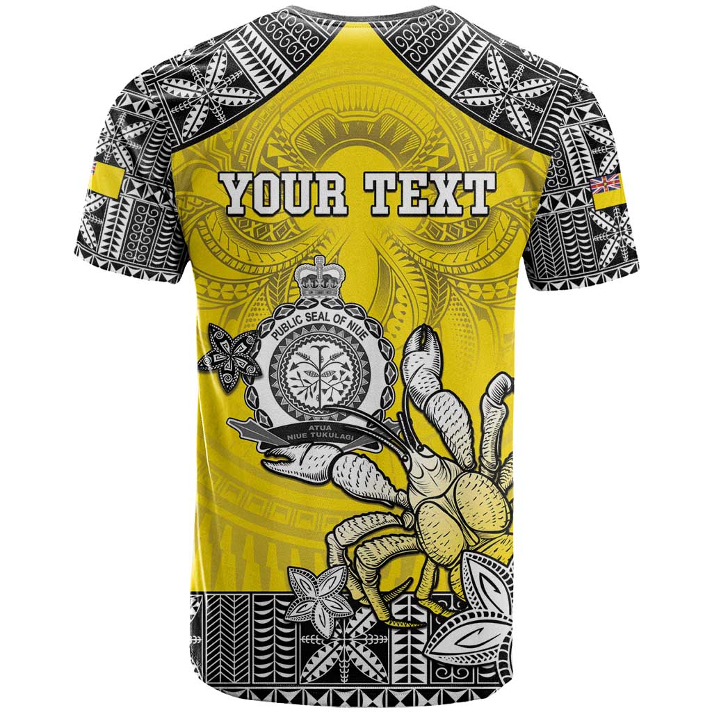 Personalised Happy Niue Constitution Day T Shirt Niuean Crab Hiapo Pattern Yellow Version LT05 - Polynesian Pride