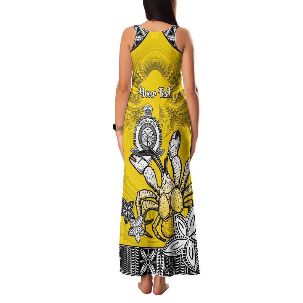 Personalised Happy Niue Constitution Day Tank Maxi Dress Niuean Crab Hiapo Pattern Yellow Version