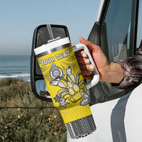Personalised Happy Niue Constitution Day Tumbler With Handle Niuean Crab Hiapo Pattern Yellow Version