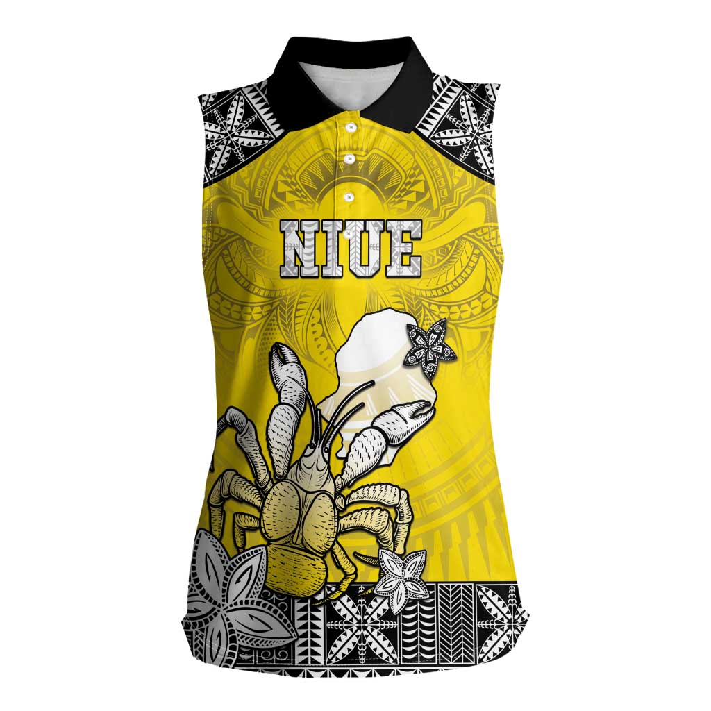 Personalised Happy Niue Constitution Day Women Sleeveless Polo Shirt Niuean Crab Hiapo Pattern Yellow Version LT05 Female Yellow - Polynesian Pride