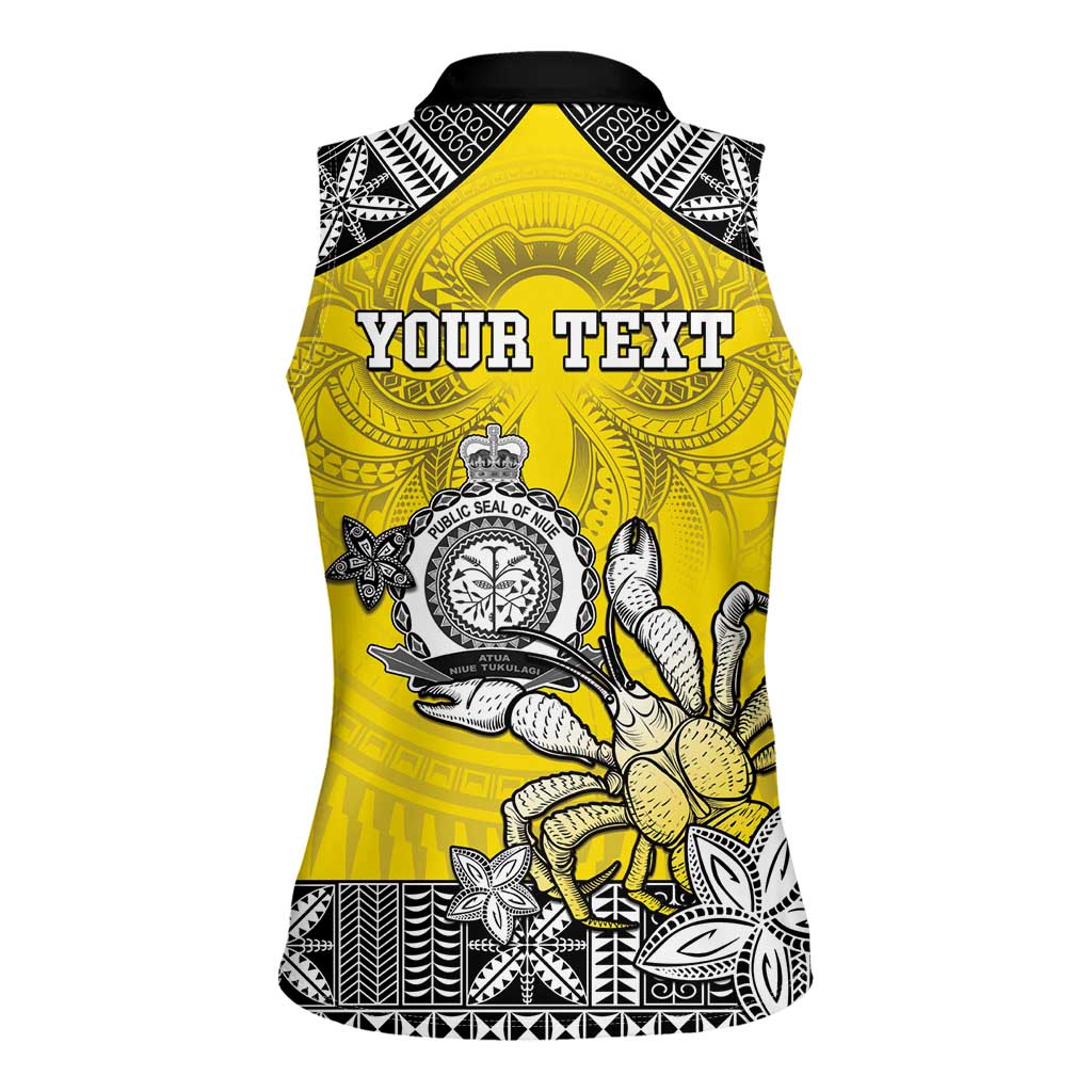 Personalised Happy Niue Constitution Day Women Sleeveless Polo Shirt Niuean Crab Hiapo Pattern Yellow Version LT05 - Polynesian Pride