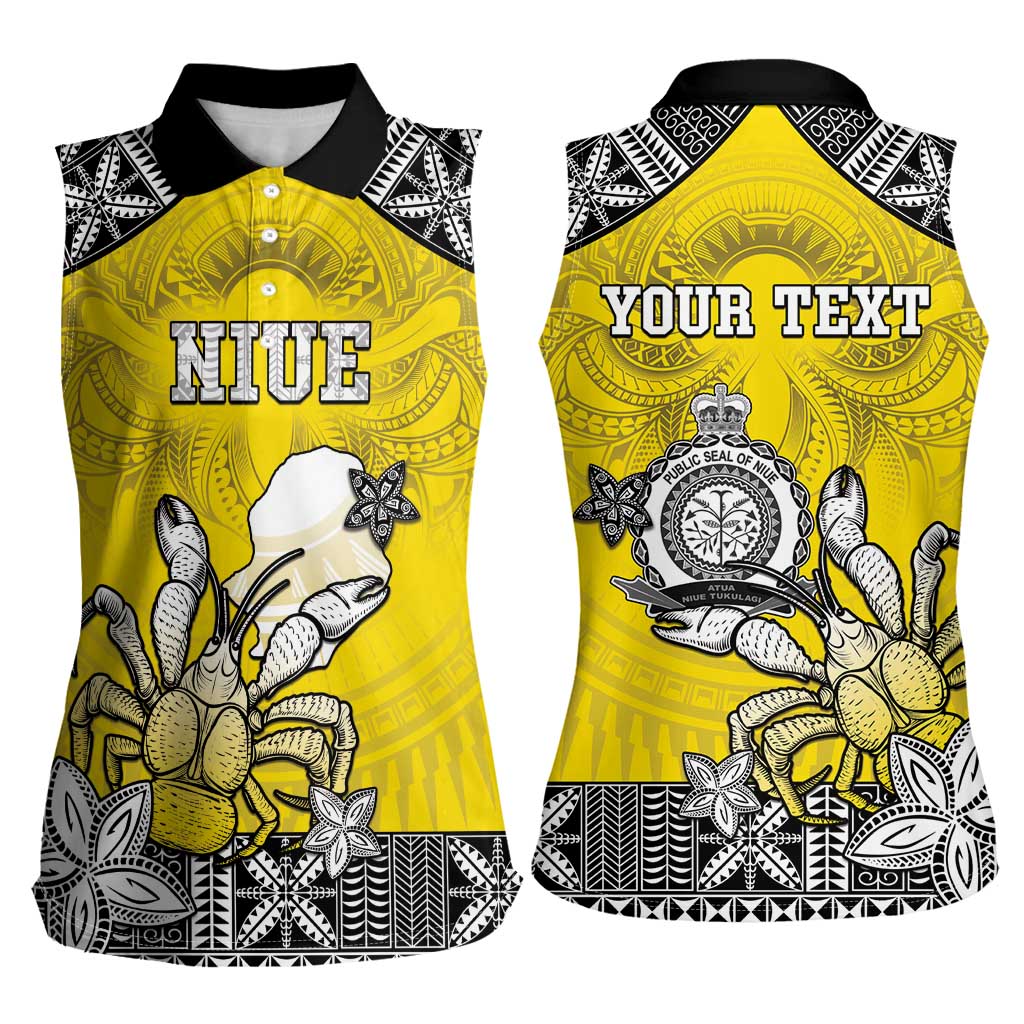 Personalised Happy Niue Constitution Day Women Sleeveless Polo Shirt Niuean Crab Hiapo Pattern Yellow Version LT05 - Polynesian Pride