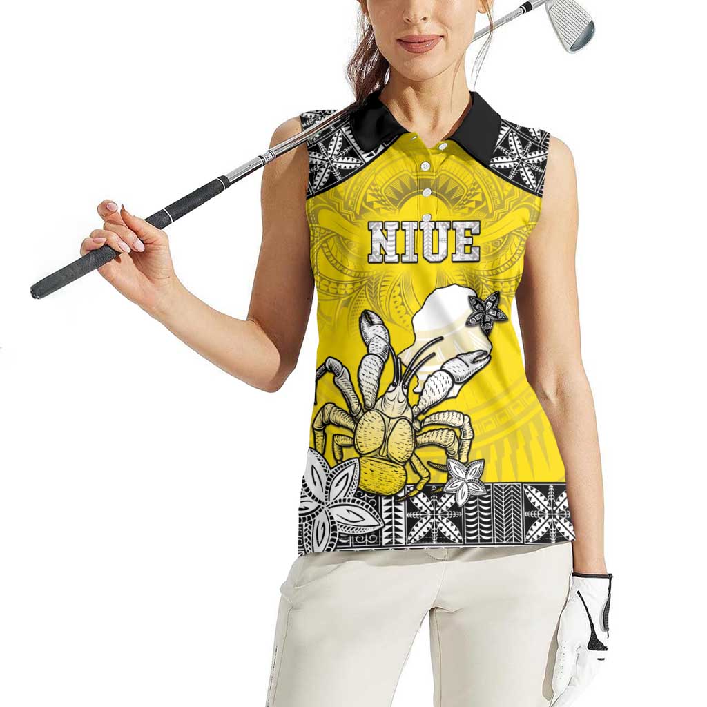 Personalised Happy Niue Constitution Day Women Sleeveless Polo Shirt Niuean Crab Hiapo Pattern Yellow Version LT05 - Polynesian Pride