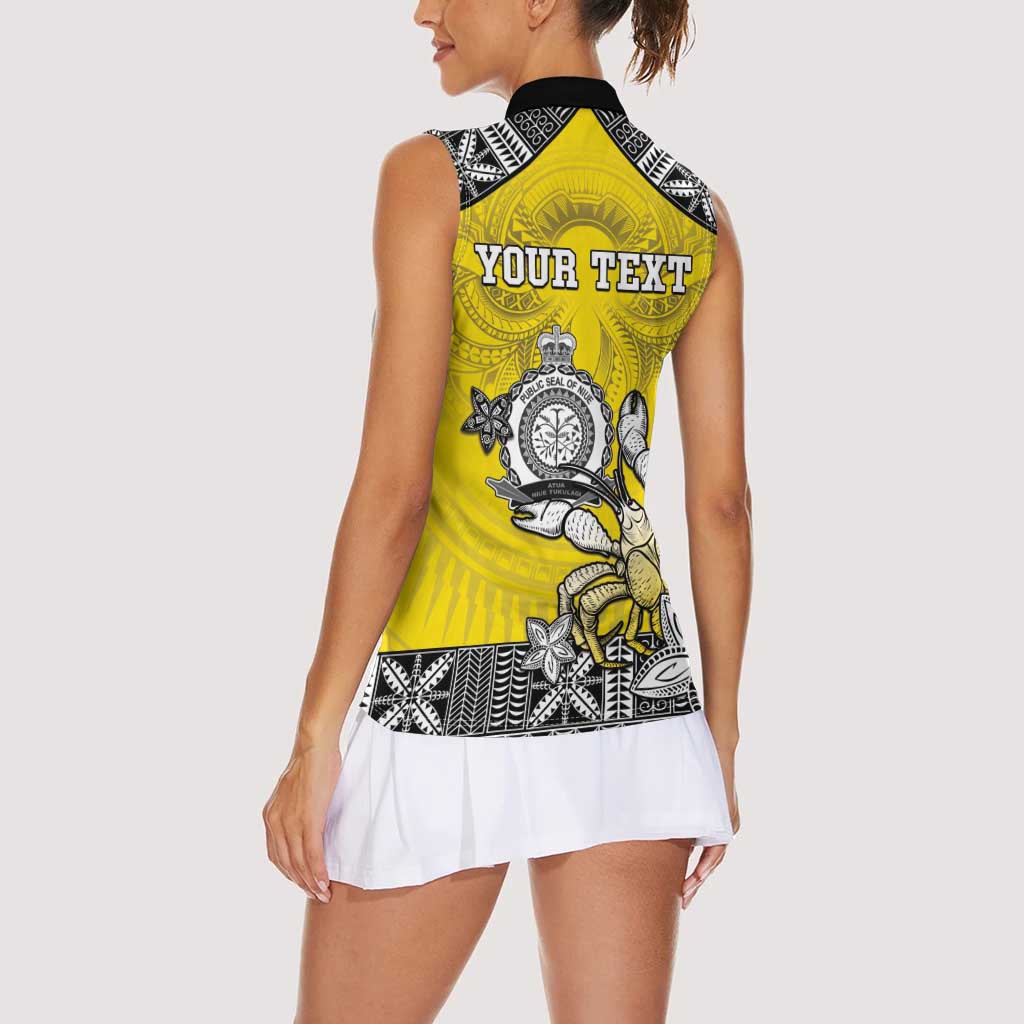 Personalised Happy Niue Constitution Day Women Sleeveless Polo Shirt Niuean Crab Hiapo Pattern Yellow Version LT05 - Polynesian Pride