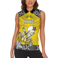 Personalised Happy Niue Constitution Day Women Sleeveless Polo Shirt Niuean Crab Hiapo Pattern Yellow Version LT05 - Polynesian Pride