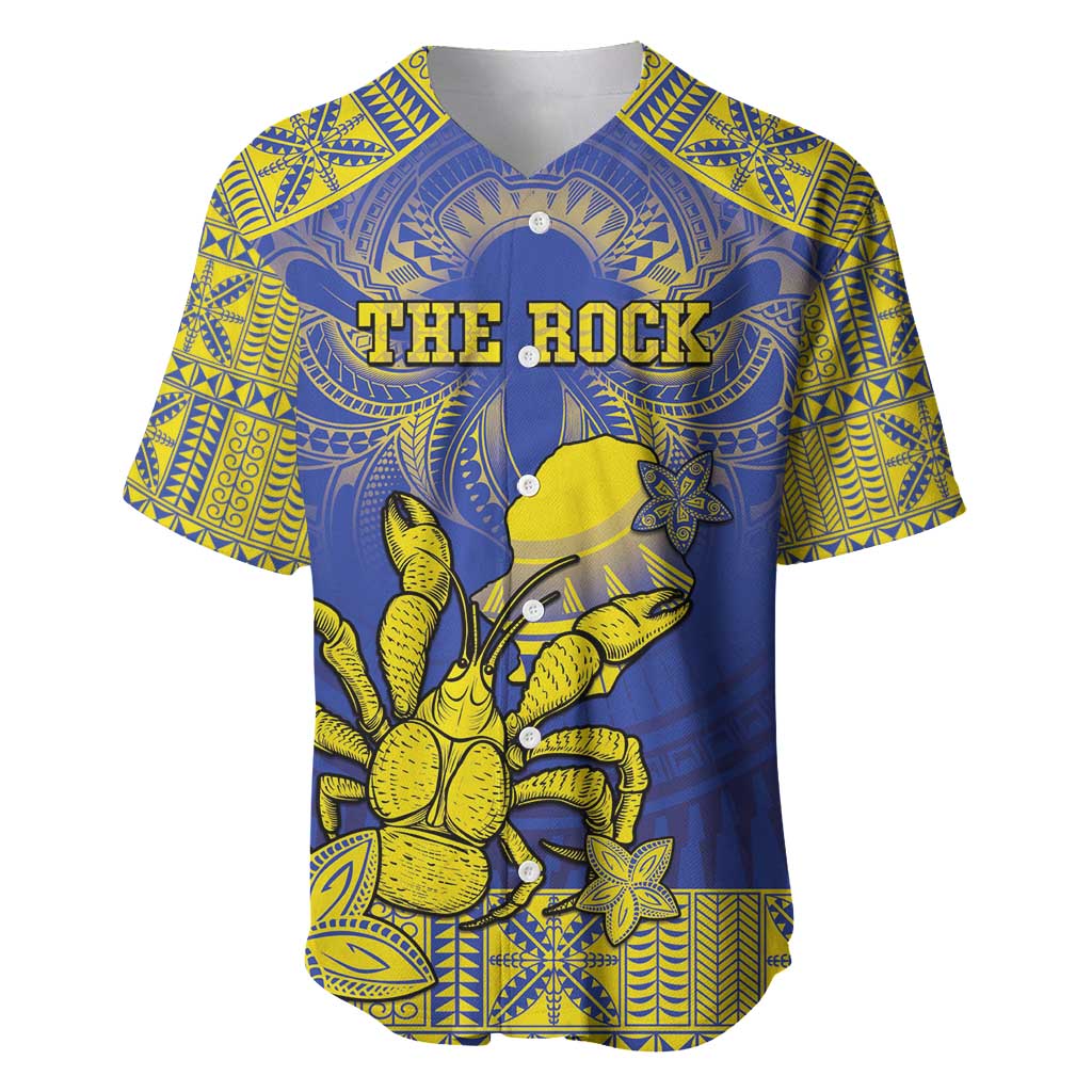 Personalised Niue The Rock Baseball Jersey Niuean Crab Hiapo Pattern Blue Version