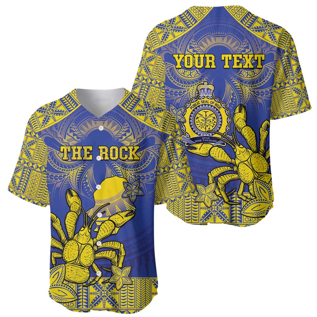 Personalised Niue The Rock Baseball Jersey Niuean Crab Hiapo Pattern Blue Version LT05 - Polynesian Pride