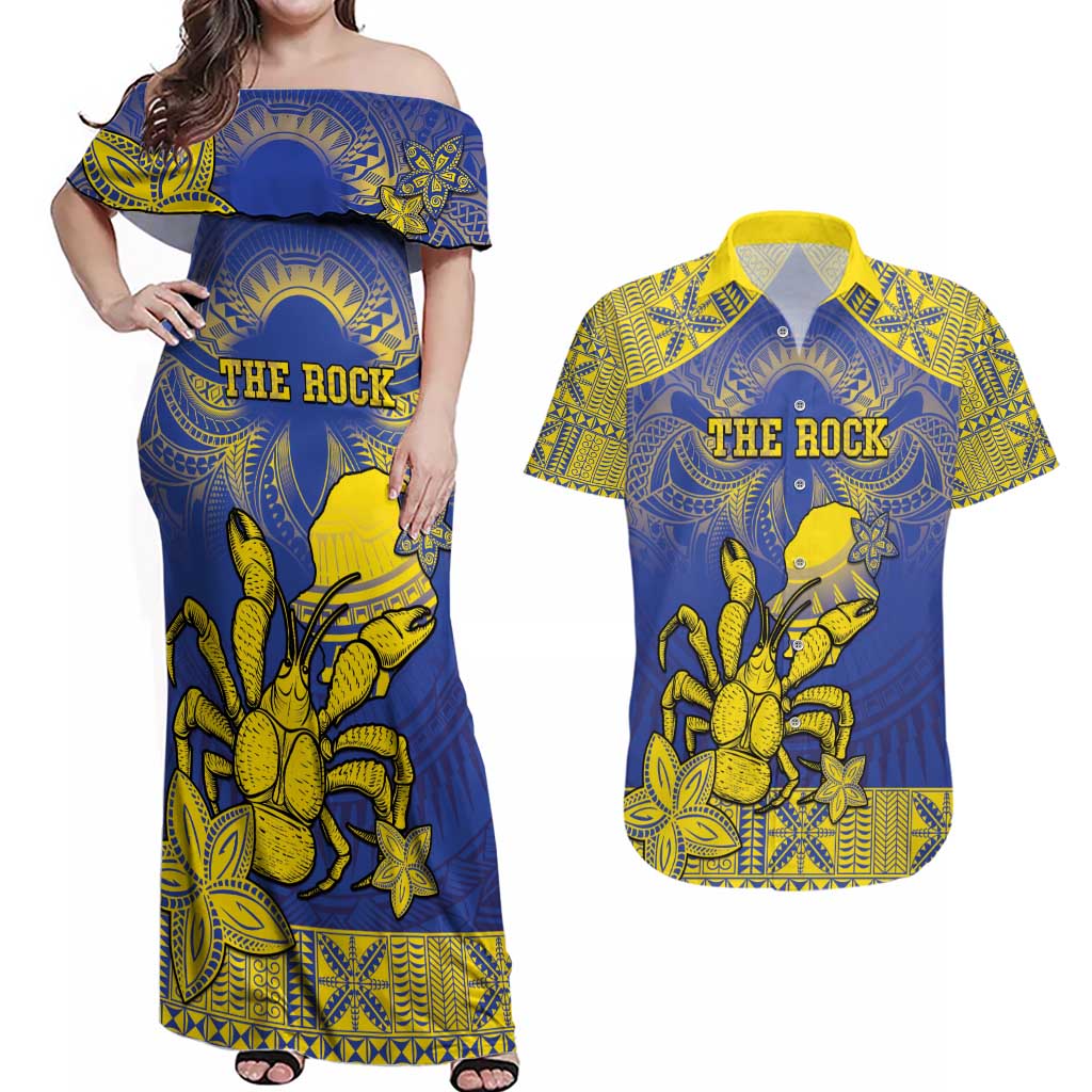 Personalised Niue The Rock Couples Matching Off Shoulder Maxi Dress and Hawaiian Shirt Niuean Crab Hiapo Pattern Blue Version