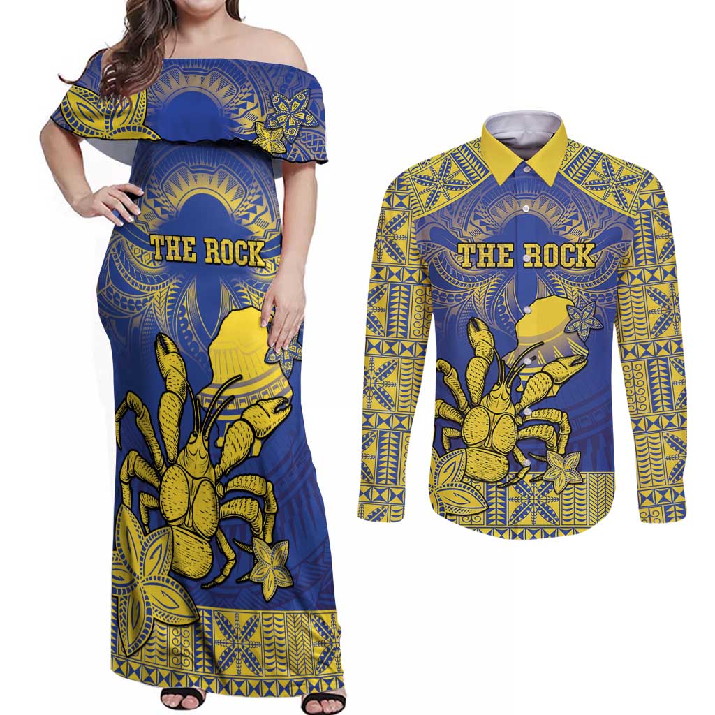 Personalised Niue The Rock Couples Matching Off Shoulder Maxi Dress and Long Sleeve Button Shirt Niuean Crab Hiapo Pattern Blue Version