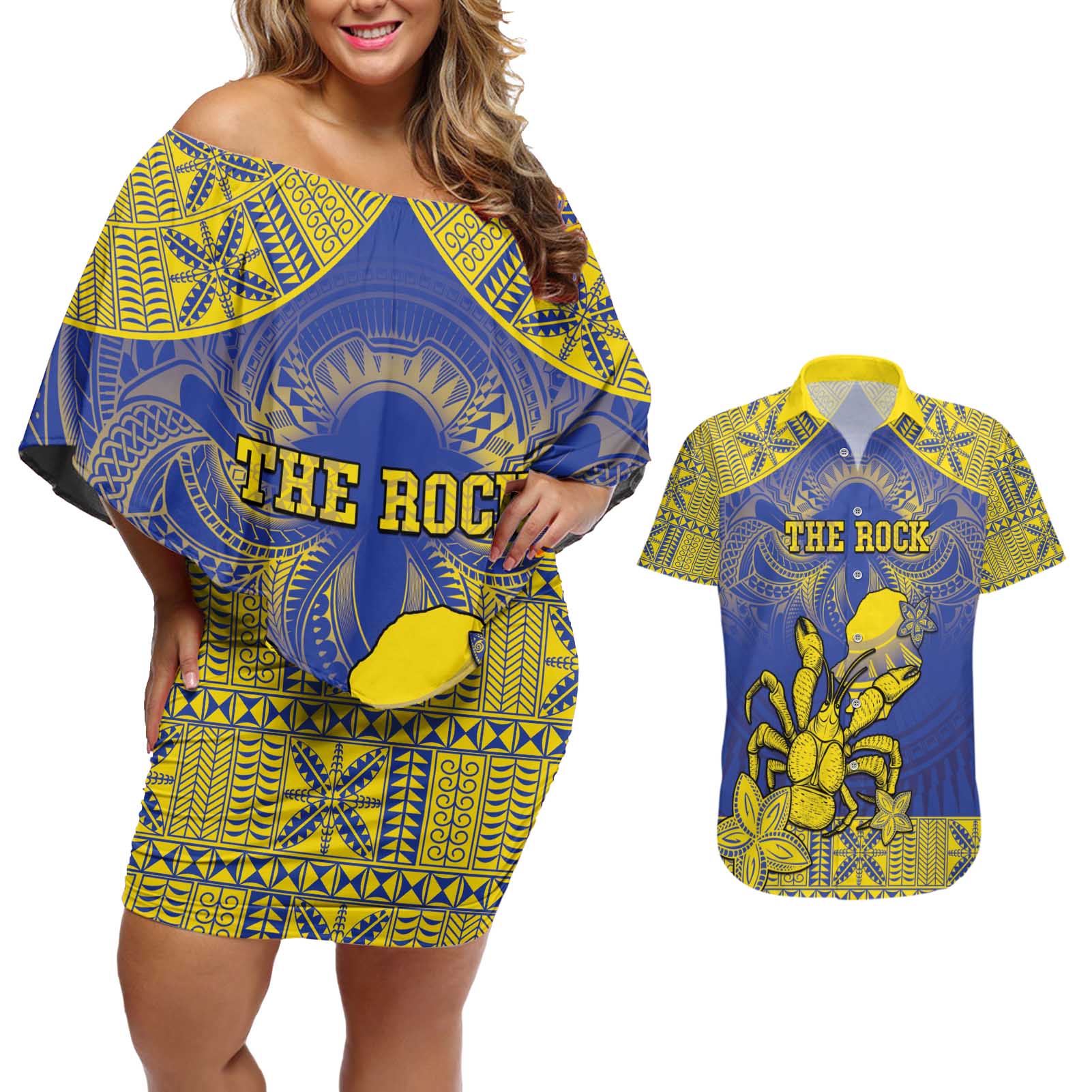 Personalised Niue The Rock Couples Matching Off Shoulder Short Dress and Hawaiian Shirt Niuean Crab Hiapo Pattern Blue Version