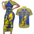 Personalised Niue The Rock Couples Matching Short Sleeve Bodycon Dress and Hawaiian Shirt Niuean Crab Hiapo Pattern Blue Version