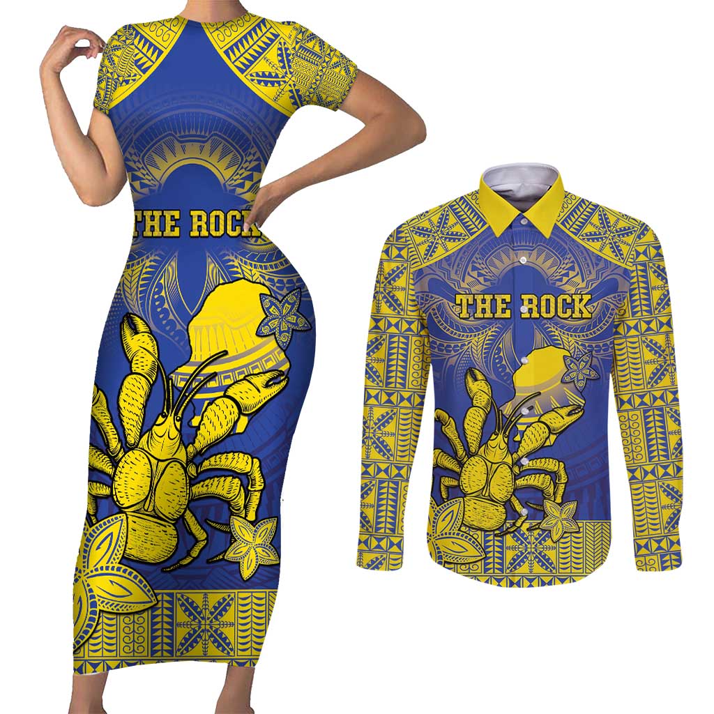 Personalised Niue The Rock Couples Matching Short Sleeve Bodycon Dress and Long Sleeve Button Shirt Niuean Crab Hiapo Pattern Blue Version