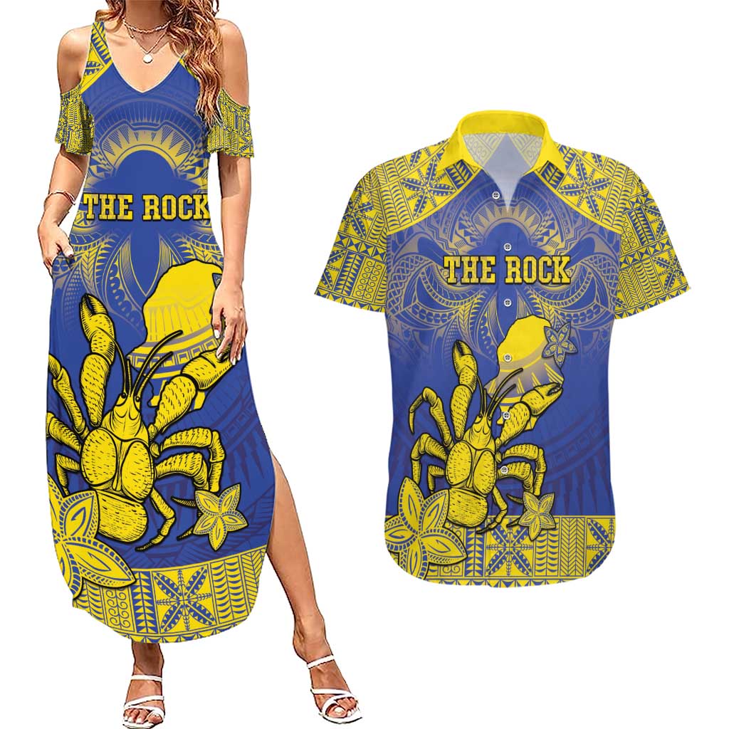 Personalised Niue The Rock Couples Matching Summer Maxi Dress and Hawaiian Shirt Niuean Crab Hiapo Pattern Blue Version