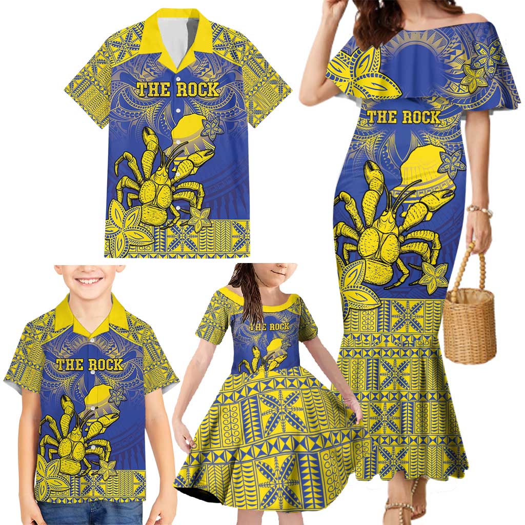 Personalised Niue The Rock Family Matching Mermaid Dress and Hawaiian Shirt Niuean Crab Hiapo Pattern Blue Version