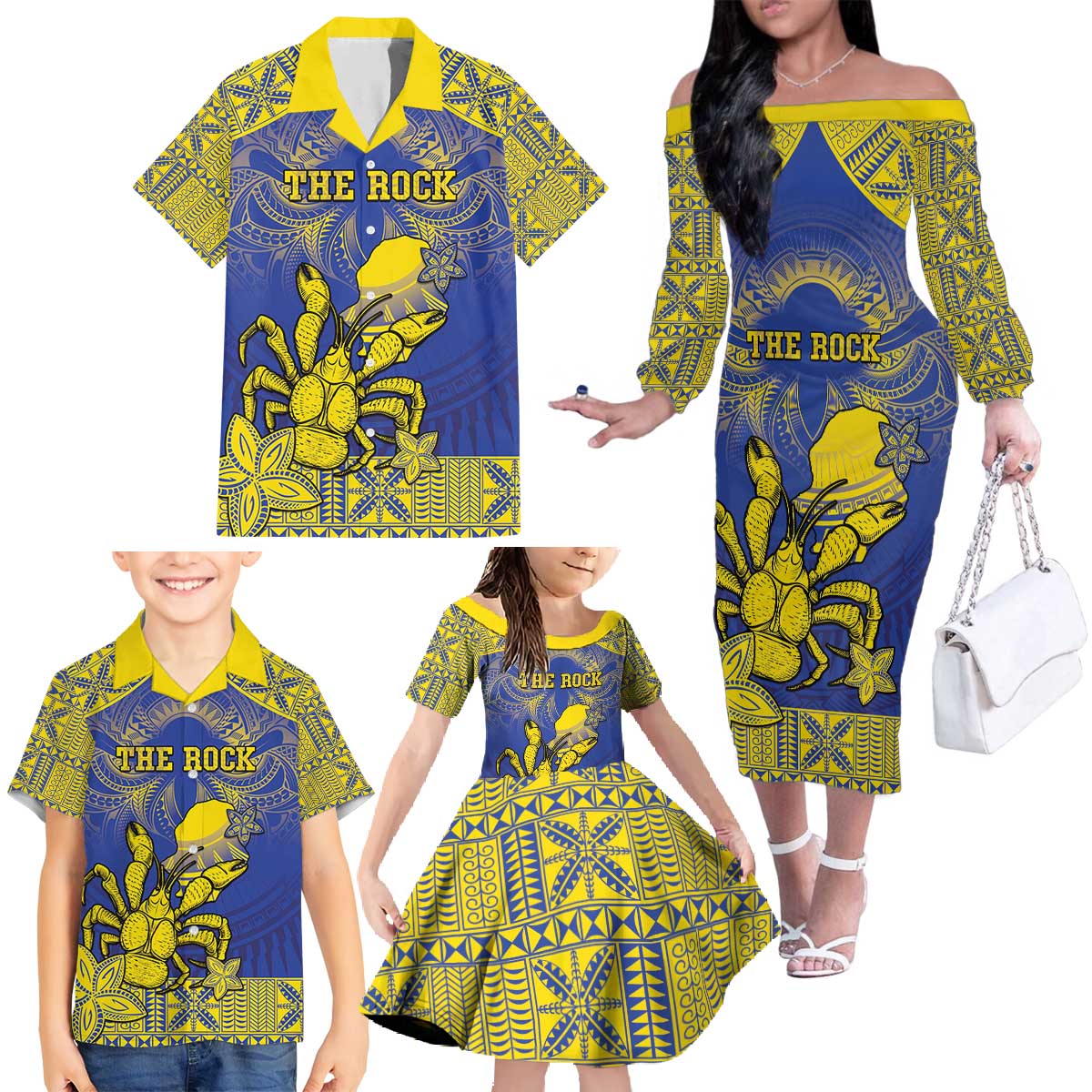 Personalised Niue The Rock Family Matching Off The Shoulder Long Sleeve Dress and Hawaiian Shirt Niuean Crab Hiapo Pattern Blue Version