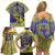 Personalised Niue The Rock Family Matching Off Shoulder Short Dress and Hawaiian Shirt Niuean Crab Hiapo Pattern Blue Version