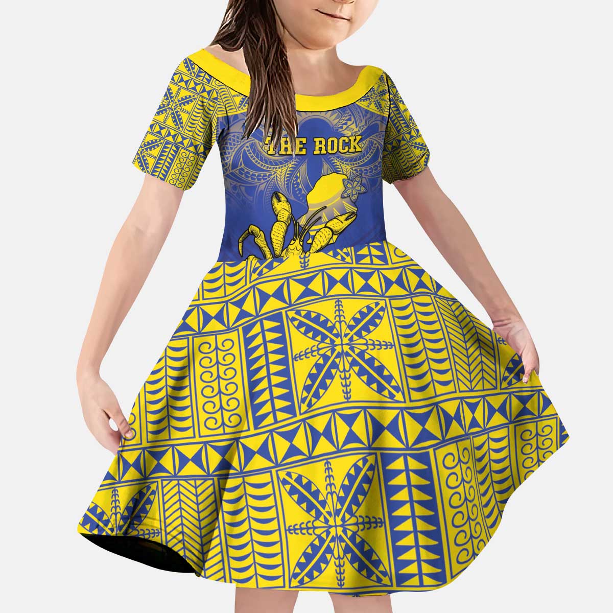Personalised Niue The Rock Family Matching Puletasi and Hawaiian Shirt Niuean Crab Hiapo Pattern Blue Version LT05 Daughter's Dress Blue - Polynesian Pride