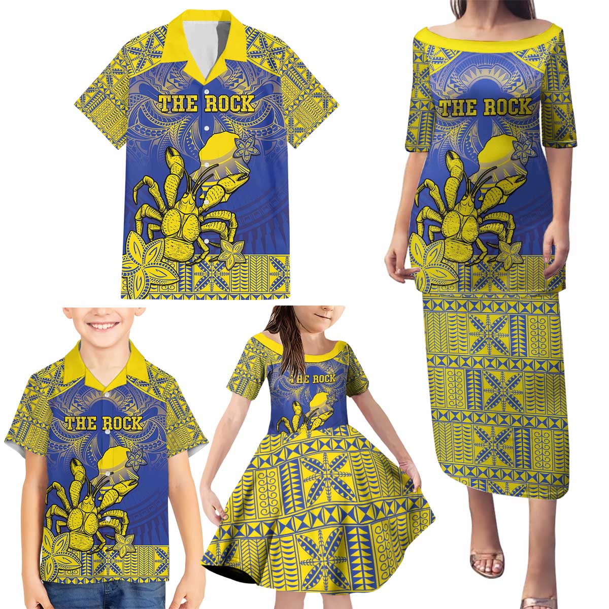 Personalised Niue The Rock Family Matching Puletasi and Hawaiian Shirt Niuean Crab Hiapo Pattern Blue Version LT05 - Polynesian Pride