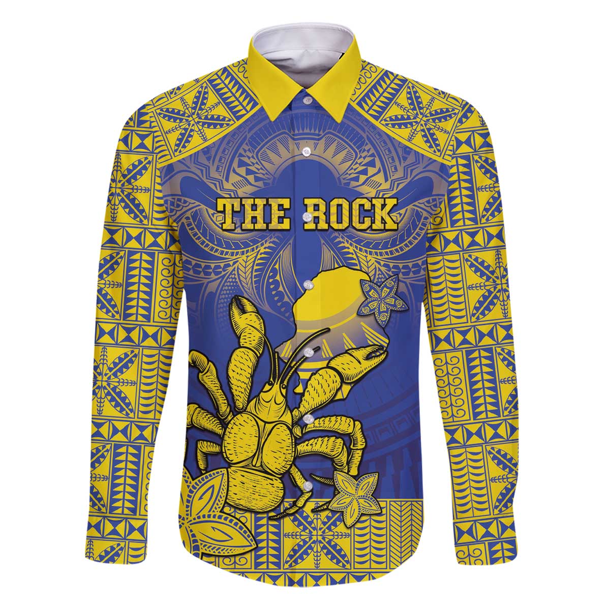 Personalised Niue The Rock Family Matching Puletasi and Hawaiian Shirt Niuean Crab Hiapo Pattern Blue Version LT05 Dad's Shirt - Long Sleeve Blue - Polynesian Pride